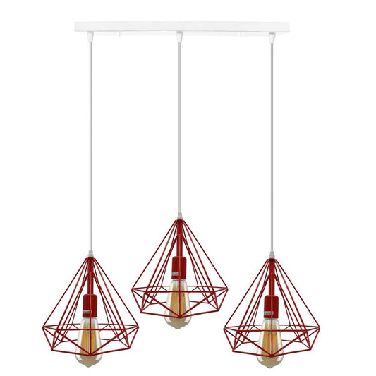 Red Horizontal Industrial Diamond Cage Lamp x3 With Bulb