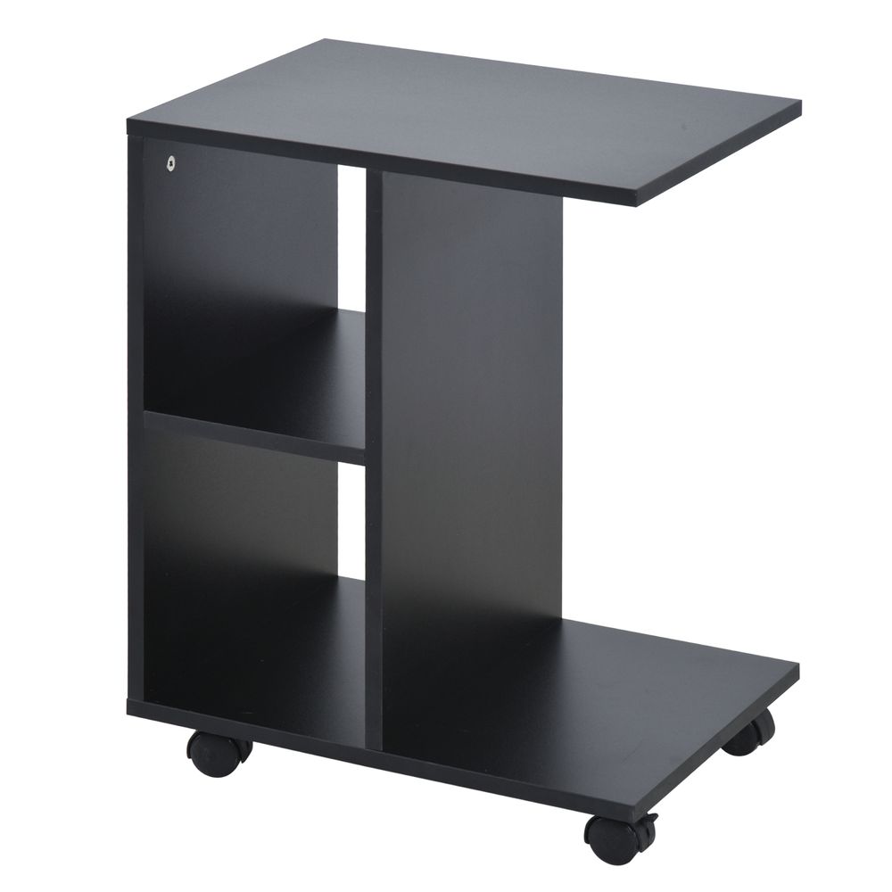 C-Shape End Table Storage Unit w/ 2 Shelves 4 Wheels Home Office Black
