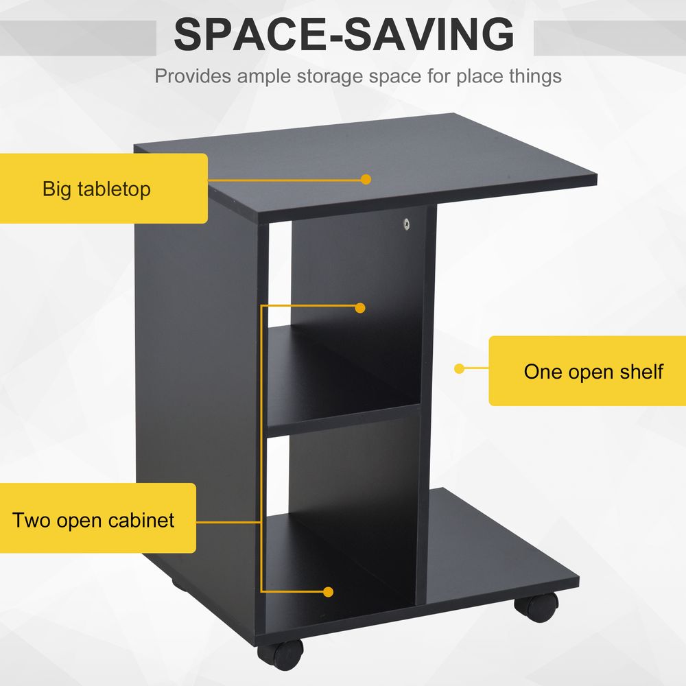 C-Shape End Table Storage Unit w/ 2 Shelves 4 Wheels Home Office Black