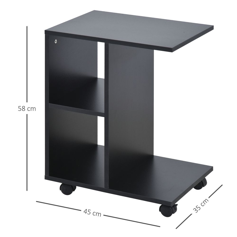 C-Shape End Table Storage Unit w/ 2 Shelves 4 Wheels Home Office Black
