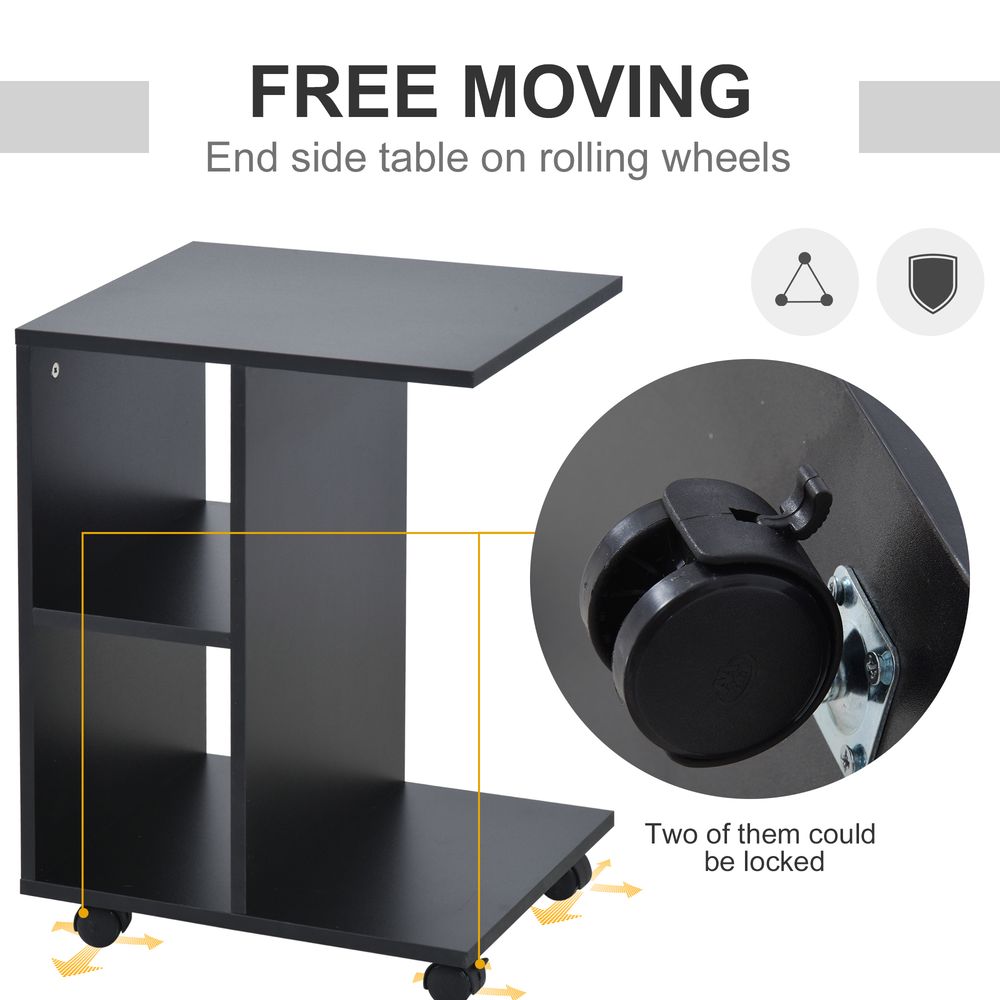 C-Shape End Table Storage Unit w/ 2 Shelves 4 Wheels Home Office Black