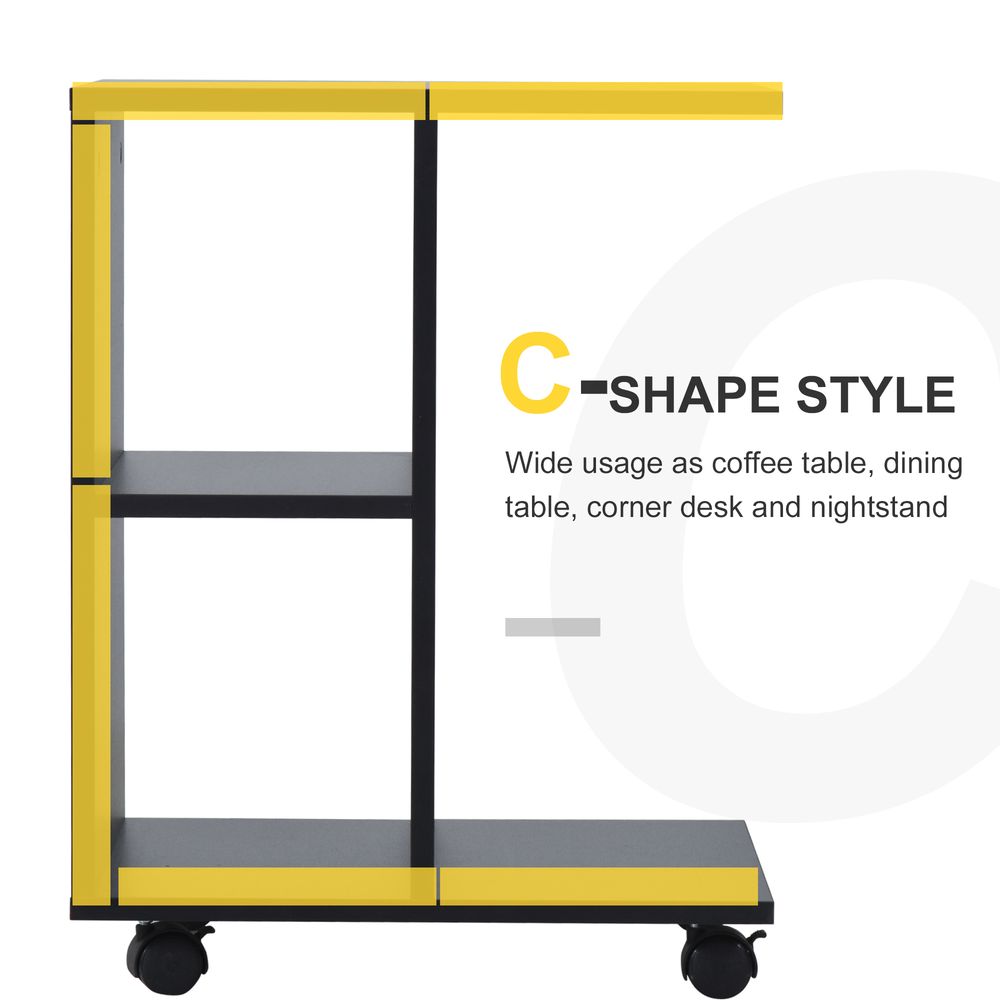 C-Shape End Table Storage Unit w/ 2 Shelves 4 Wheels Home Office Black