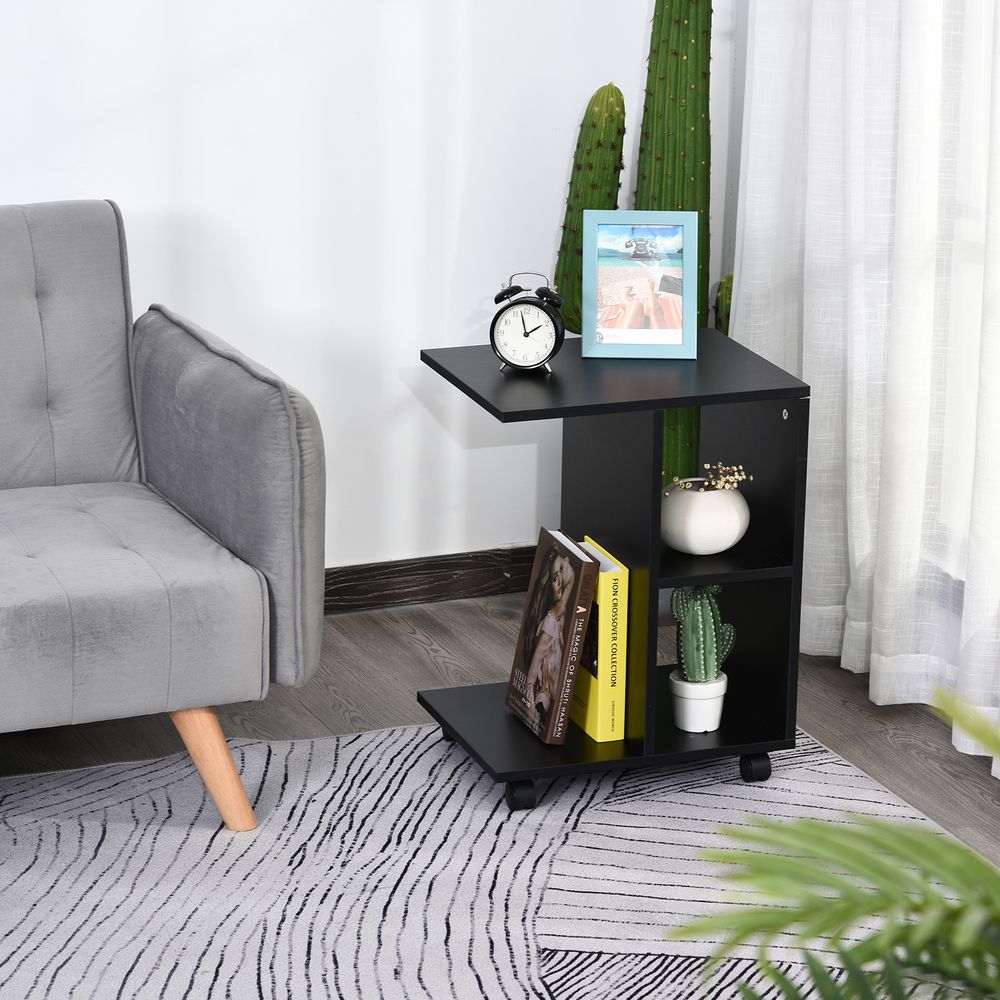 C-Shape End Table Storage Unit w/ 2 Shelves 4 Wheels Home Office Black