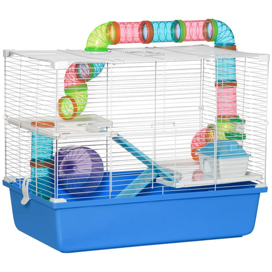 Blue Hamster Cage With Tubes, Exercise Wheel & Water Bottle Included