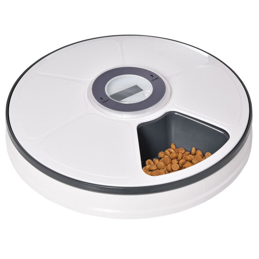White Pet Feeder with Digital Timer and Six-Meal Food Dispenser Trays