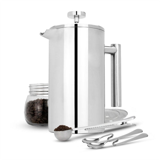 1000ml Cafetiere French Press Steel Coffee Maker with Filters & Spoons