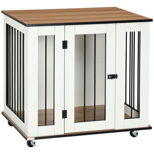 White Dog Crate on Wheels for Medium Dogs