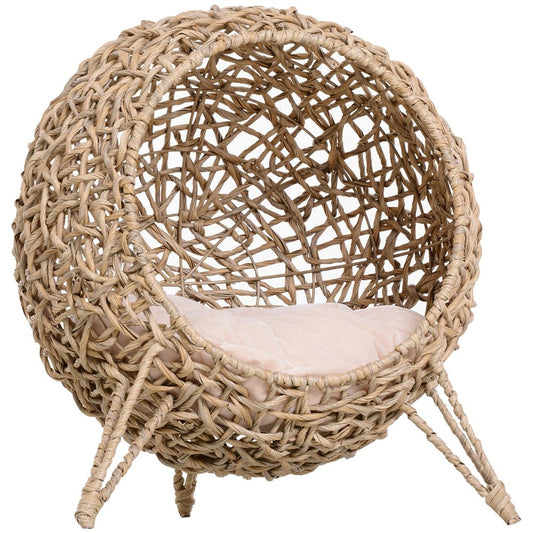 Natural Wood Finish Wicker Cat House with Ball-Shaped Rattan Raised Cat Bed