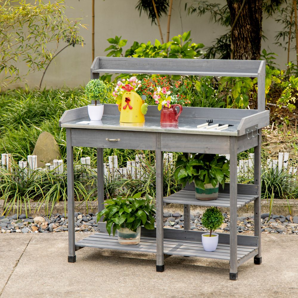 Potting Bench with Metal Tabletop