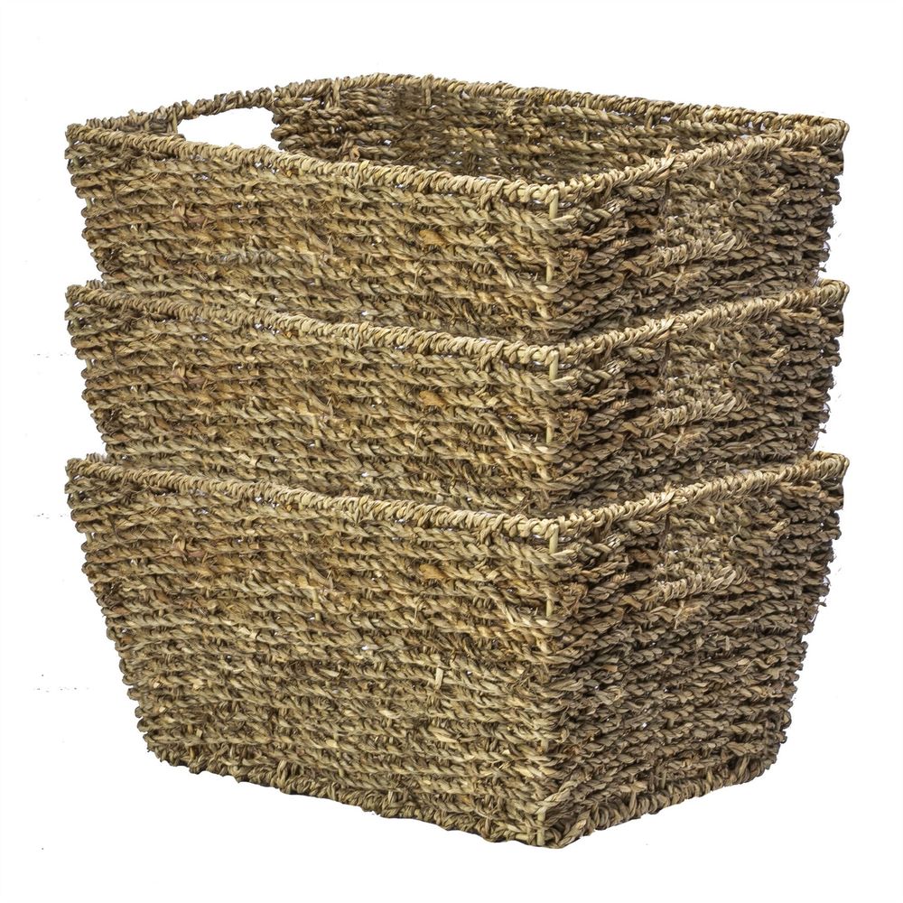 Natural Seagrass Woven Storage Baskets x3