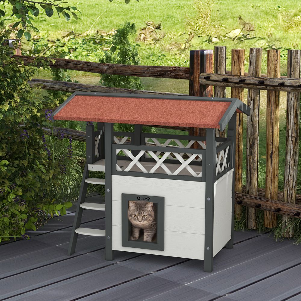 Outdoor Cat House with Balcony in White