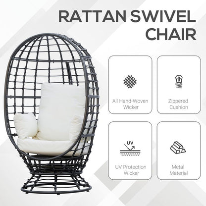 Swivel Egg Chair Rattan Outdoor Chair with Cushion for Patio Black