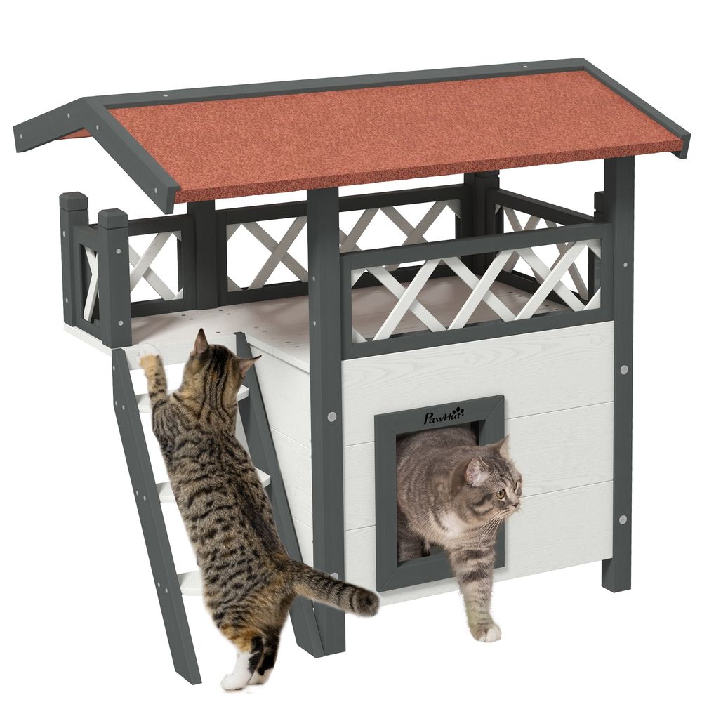 Outdoor Cat House with Balcony in White