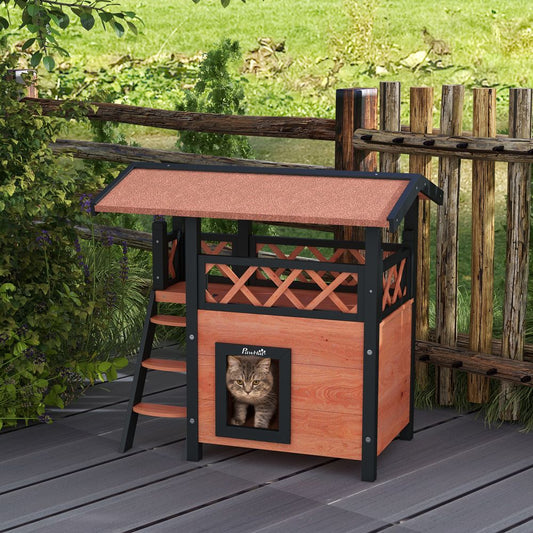 Outdoor Cat House with Balcony in Red