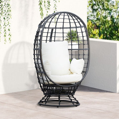 Swivel Egg Chair Rattan Outdoor Chair with Cushion for Patio Black