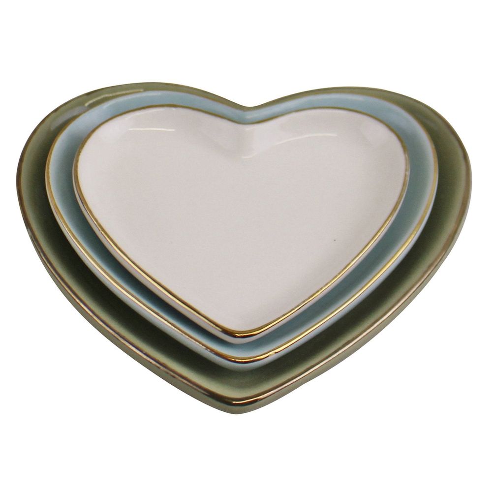 Set of 3 Gold Trimmed Heart Shaped Ceramic Trinket Plates