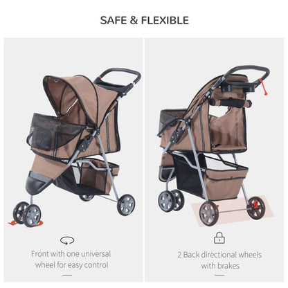 Pet Pushchair with 3 Wheels in Brown