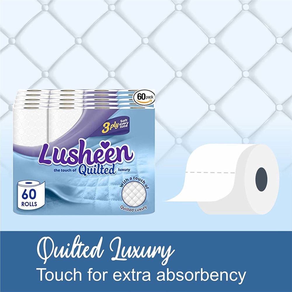 Lusheen Unscented White 3 Ply Quilted Toilet Rolls  60 Pack