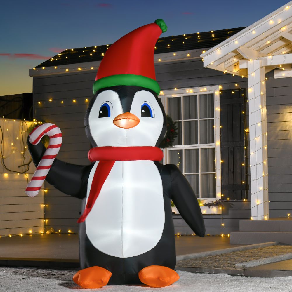 LED Outdoor Inflatable Christmas Penguin with Candy Cane 8ft