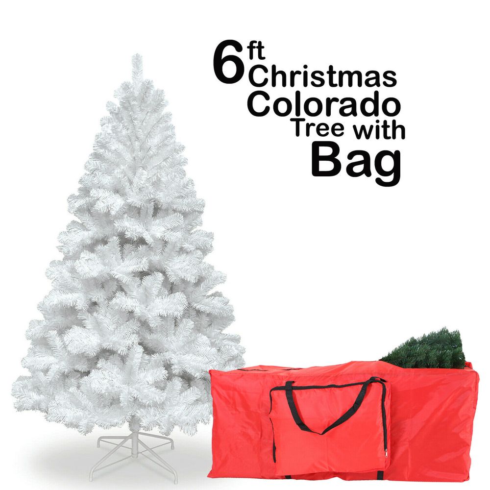 White Artificial Christmas Tree with Metal Stand and Red Bag