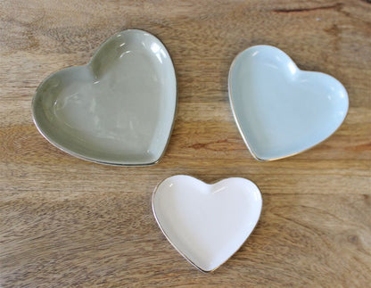 Set of 3 Gold Trimmed Heart Shaped Ceramic Trinket Plates