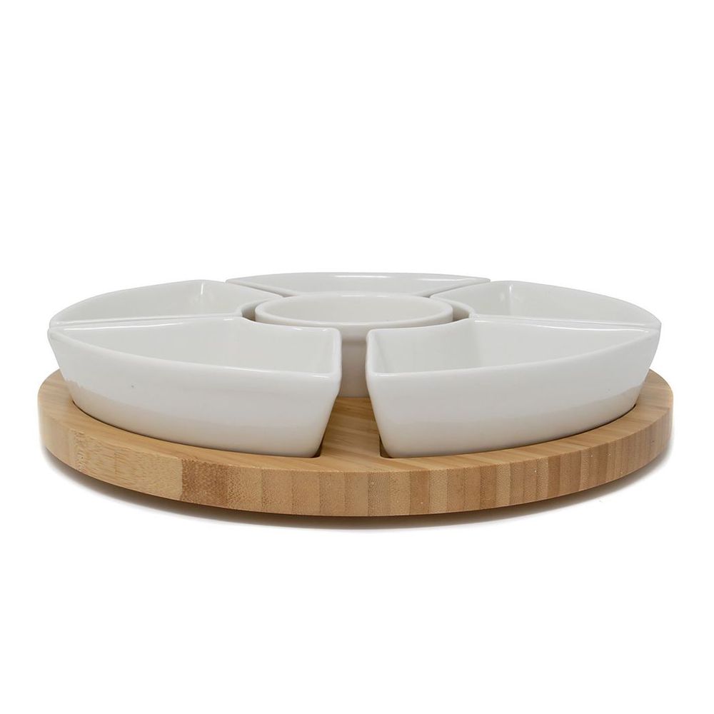 Rotating Bamboo Dip Set Ceramic Dishes