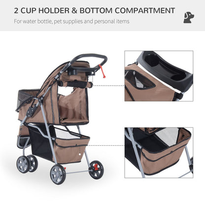 Pet Pushchair with 3 Wheels in Brown