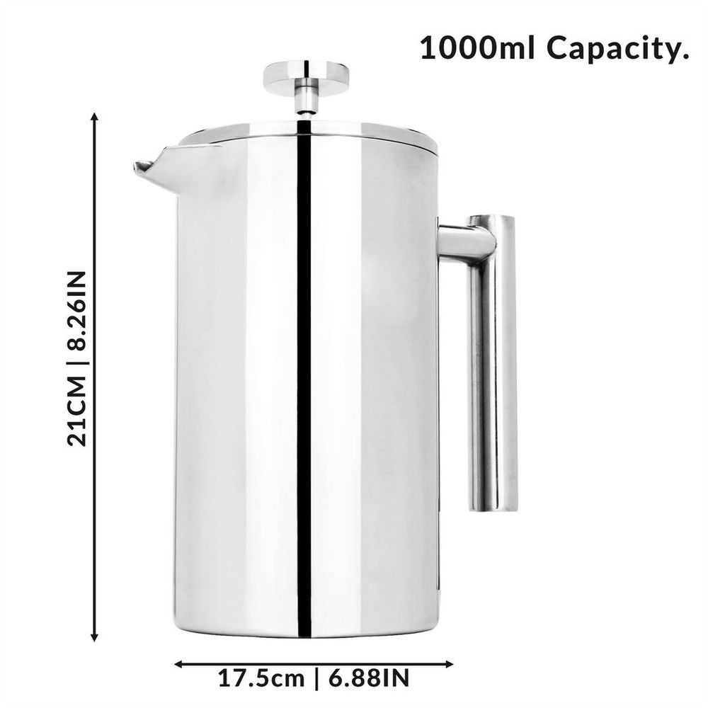 1000ml Cafetiere French Press Steel Coffee Maker with Filters & Spoons