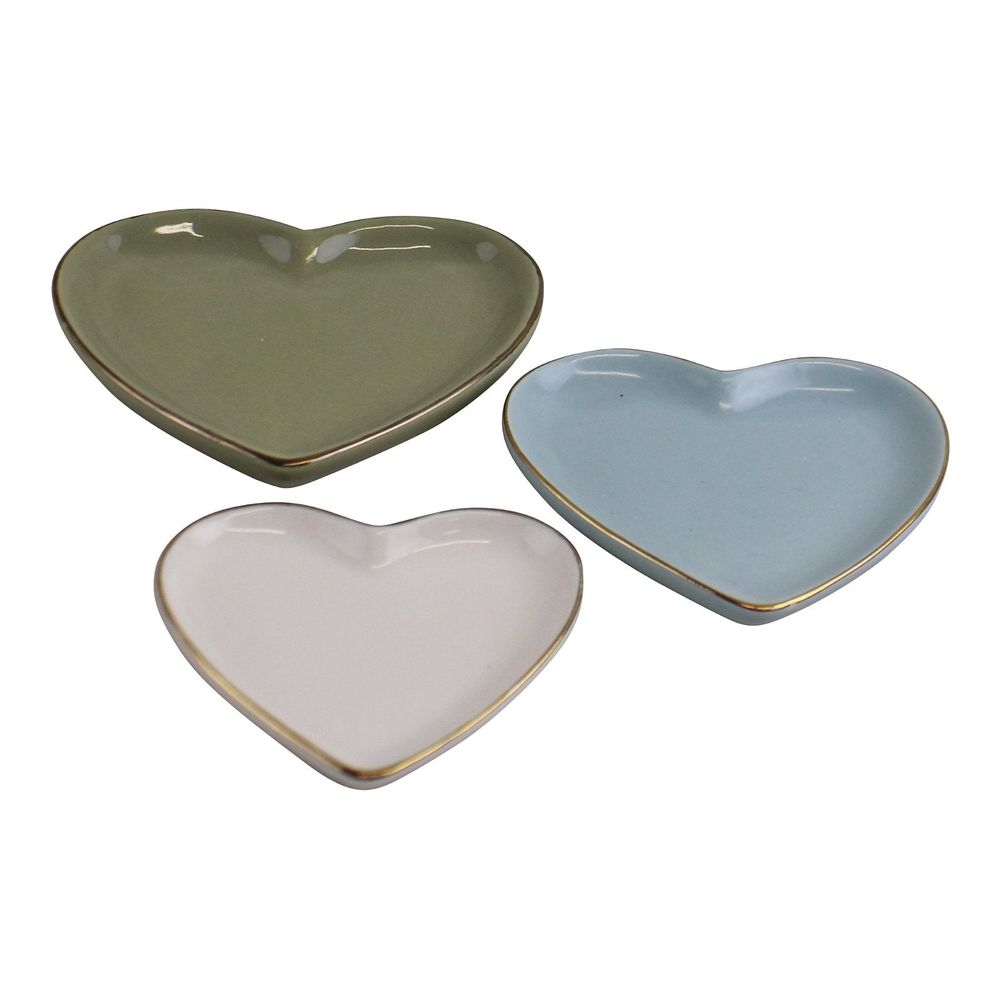 Set of 3 Gold Trimmed Heart Shaped Ceramic Trinket Plates