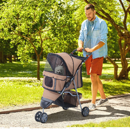 Pet Pushchair with 3 Wheels in Brown